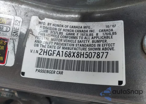 2008 Honda Civic Ex z USA, uszkodzony, nr VIN 2HGFA168X8H507877